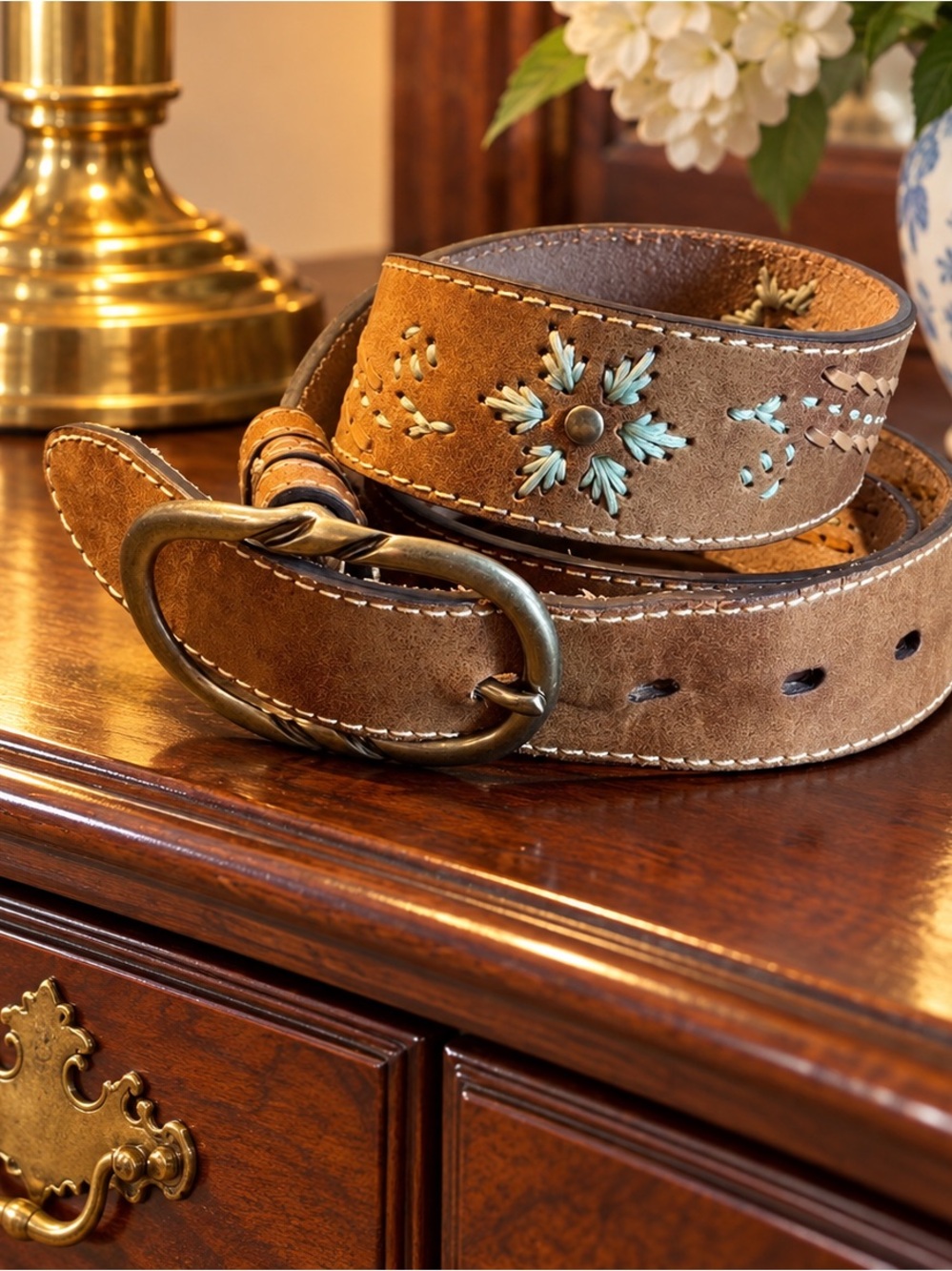 Suede Embroidered Women's Belt - Brown with Turquoise Accents
